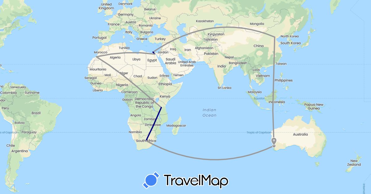 TravelMap itinerary: driving, plane in Australia, China, Egypt, Indonesia, Morocco, Tanzania, South Africa (Africa, Asia, Oceania)