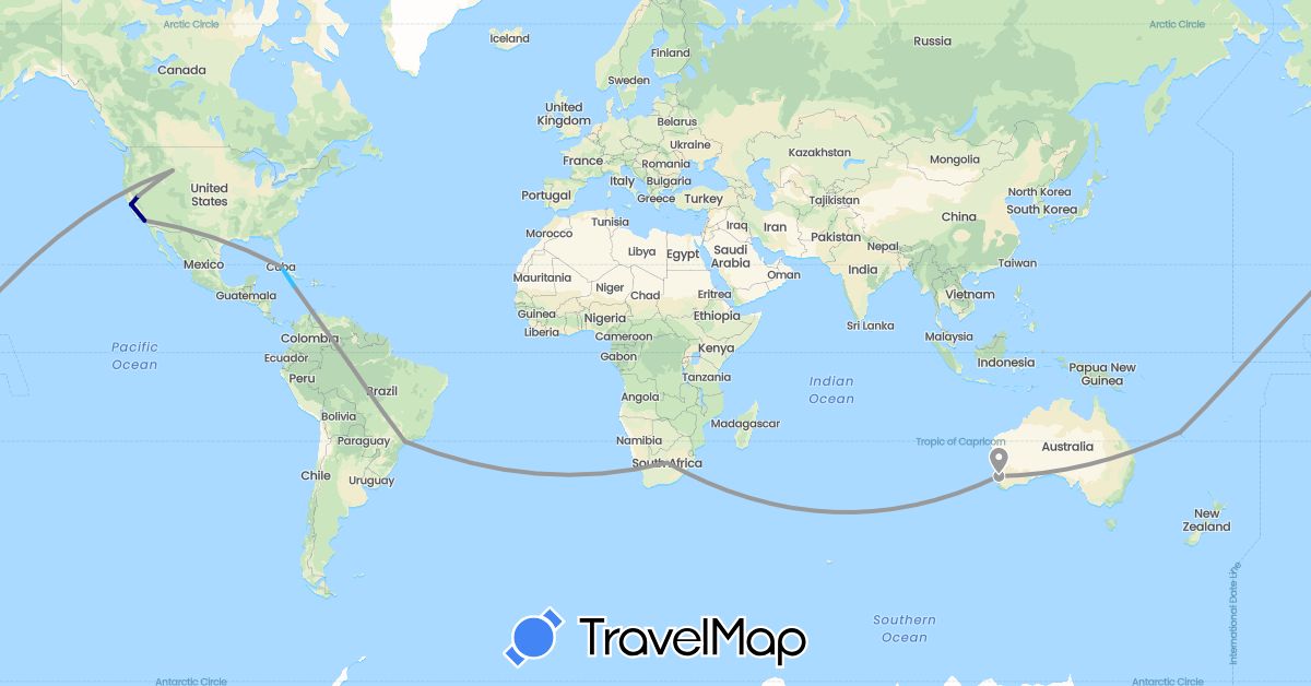TravelMap itinerary: driving, plane, boat in Australia, Brazil, Cuba, France, Jamaica, United States, South Africa (Africa, Europe, North America, Oceania, South America)
