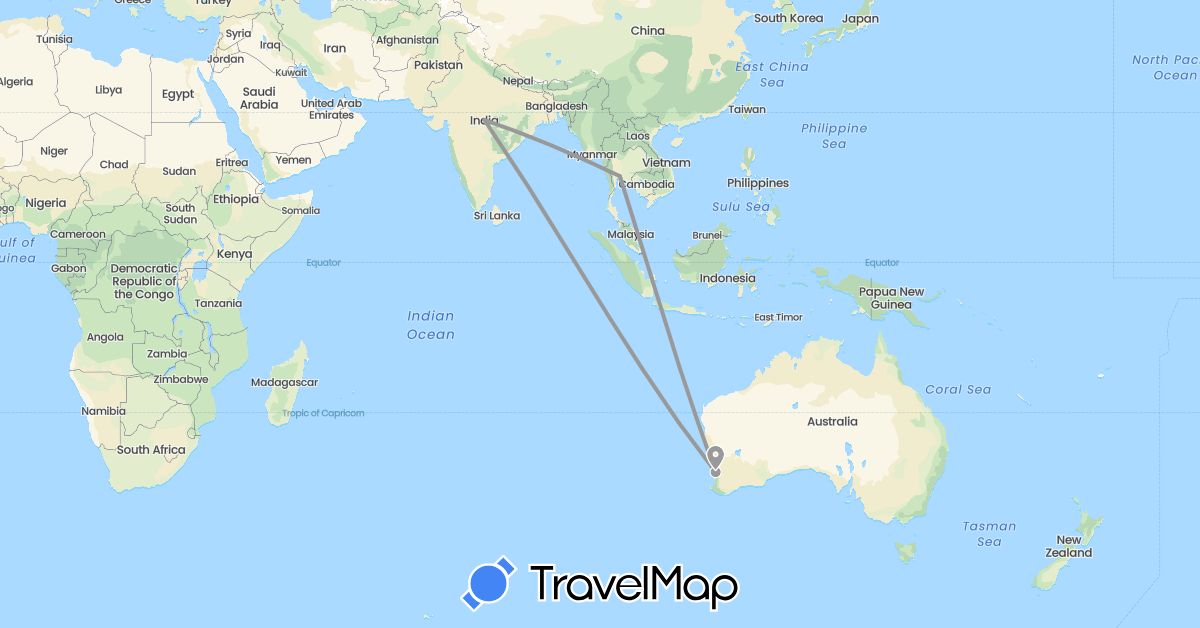 TravelMap itinerary: driving, plane in Australia, India, Thailand (Asia, Oceania)