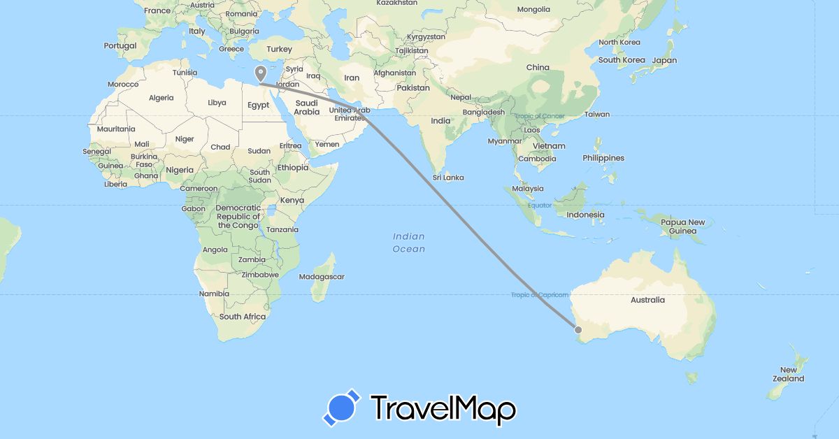 TravelMap itinerary: driving, plane in United Arab Emirates, Australia, Egypt (Africa, Asia, Oceania)