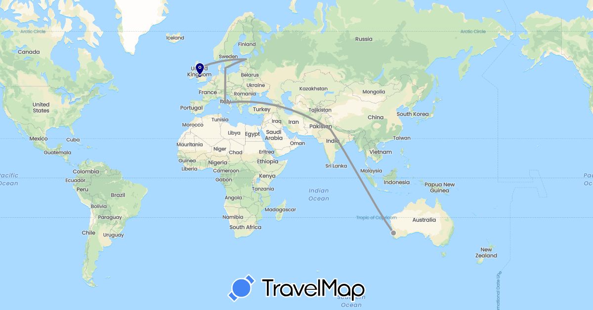 TravelMap itinerary: driving, plane in Australia, Estonia, United Kingdom, India, Italy (Asia, Europe, Oceania)